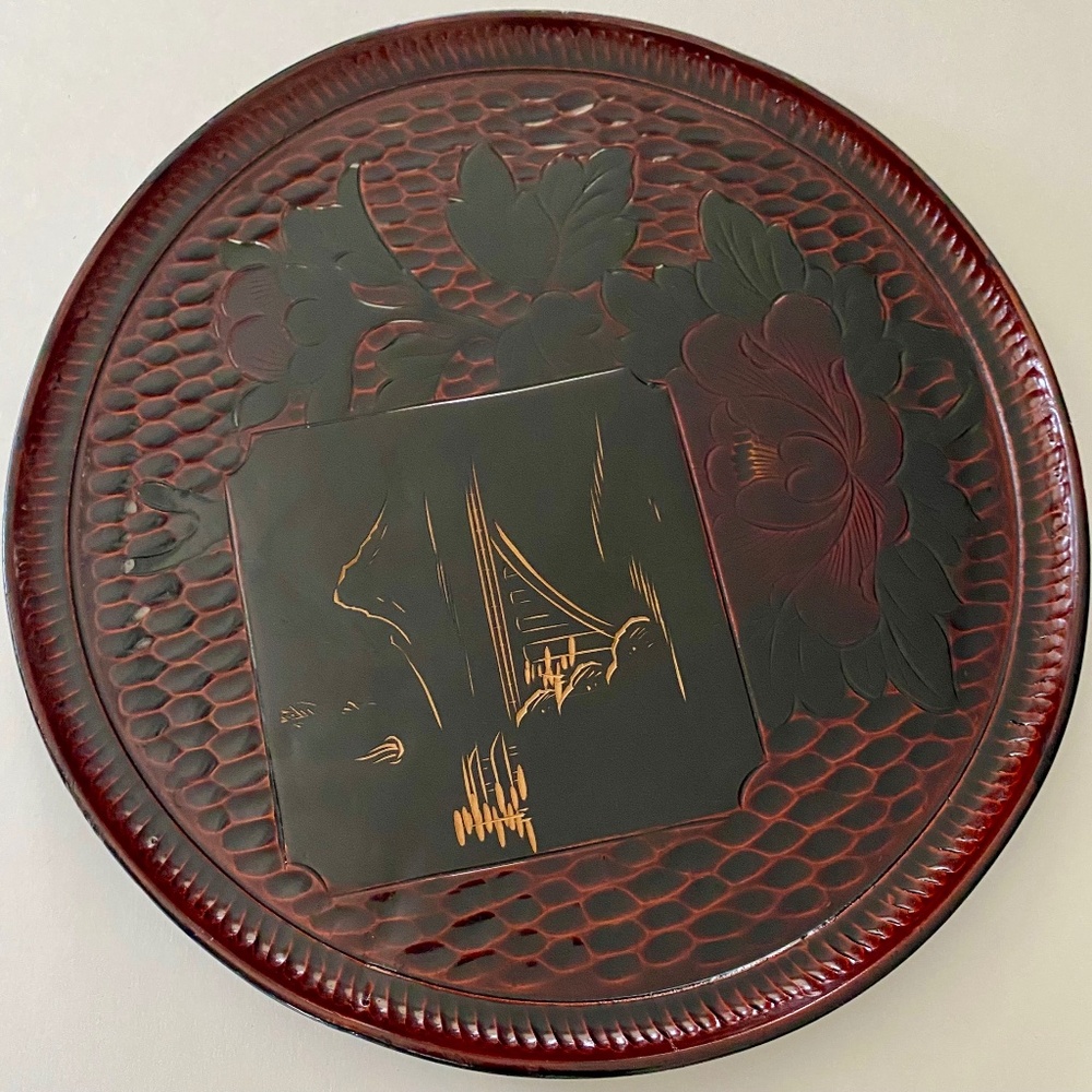 Vintage Japanese Tray. Wood, Lacquer, Painted Asian Server, Plaque, Platter. 13"